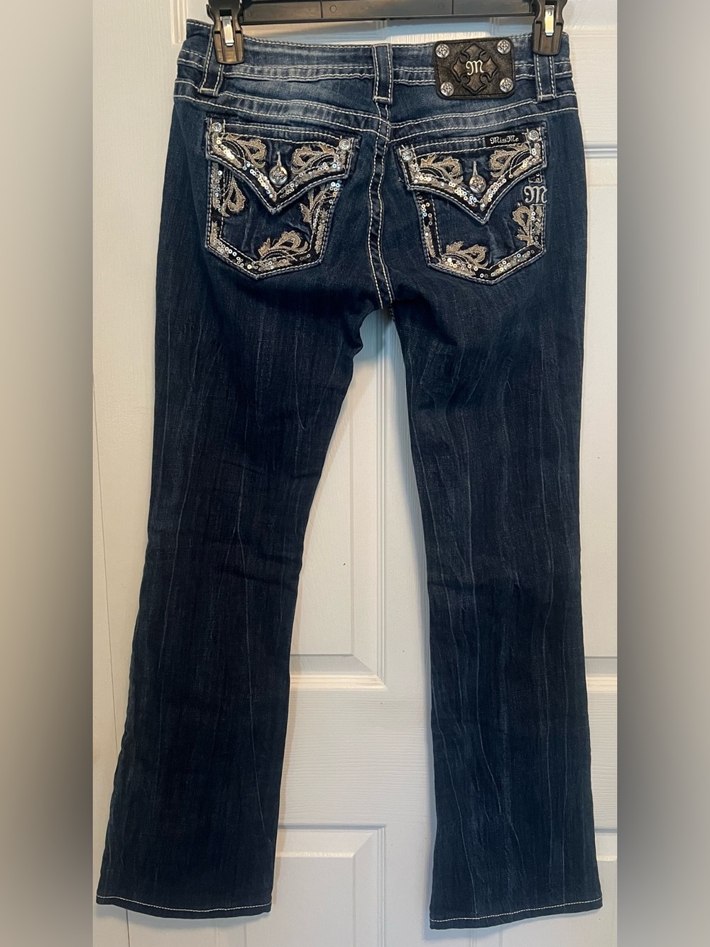 Miss Me Dark Blue Signature Boot Cut Jeans with Embroidered Sequin Pockets